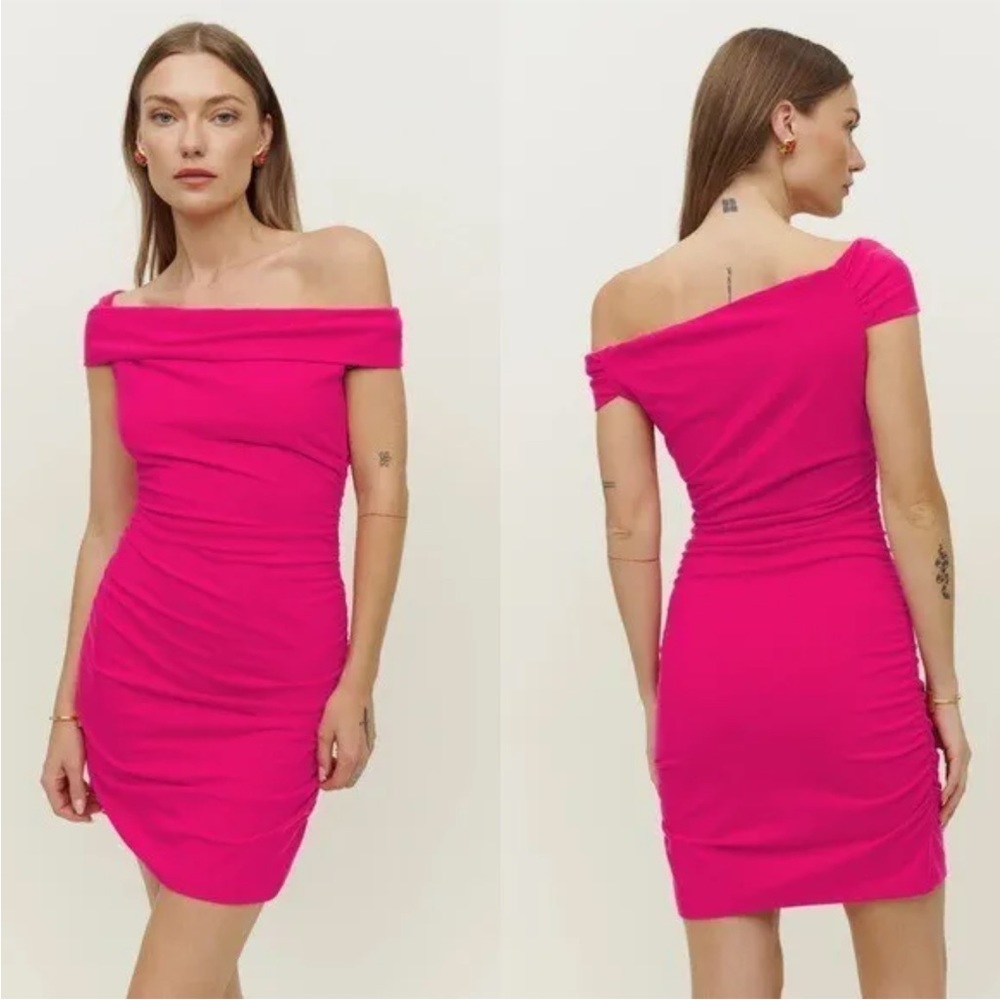 Reformation Raydon Dress Off Shoulder Rouched Large Corvette Hot Pink New